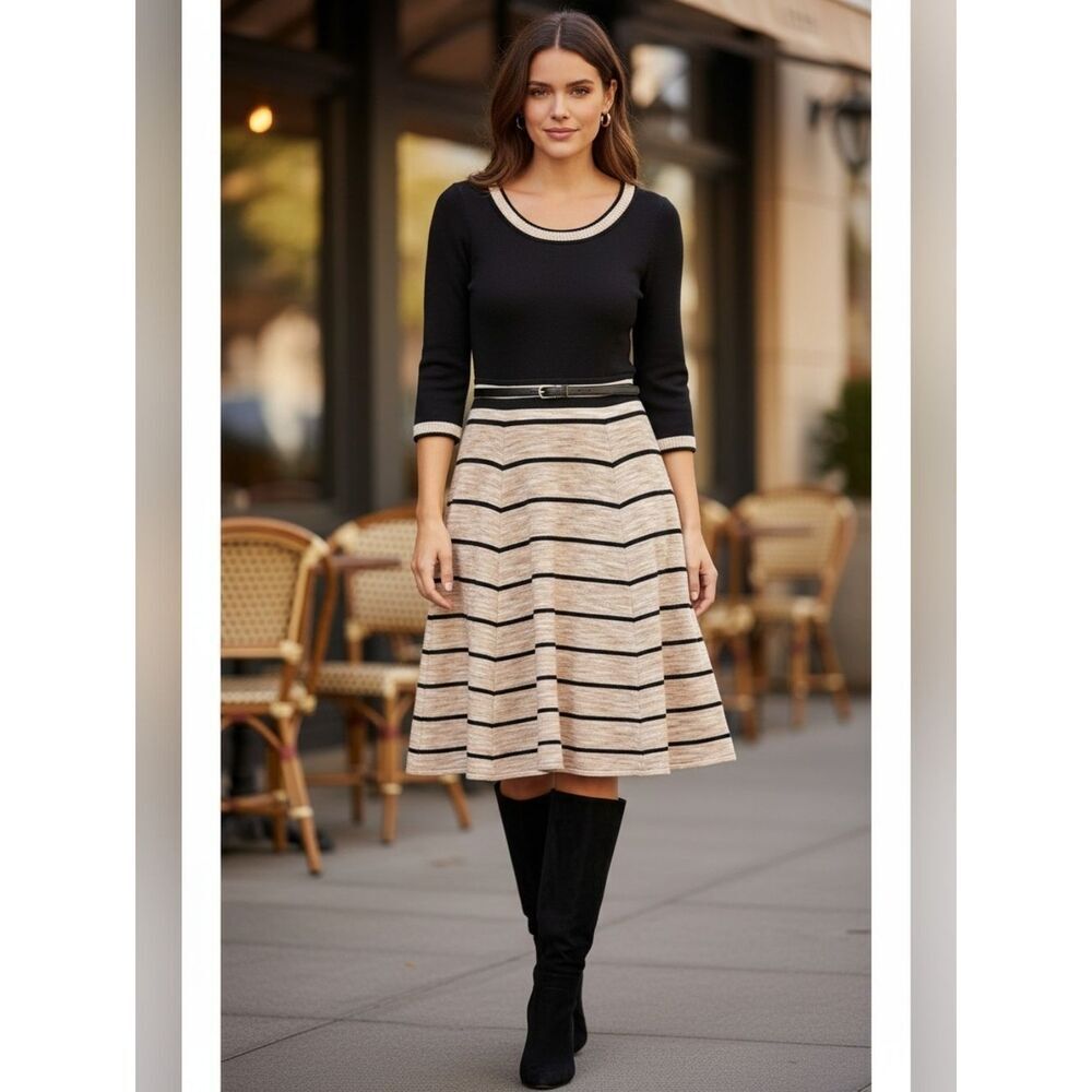 Elegant Black and Cream Striped Midi Dress